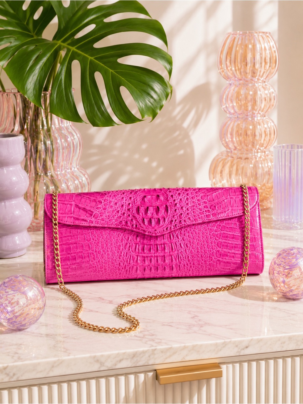 Genuine Hot Pink Crocodile Leather Clutch Bag | Exotic Shoulder Bag w Gold Chain